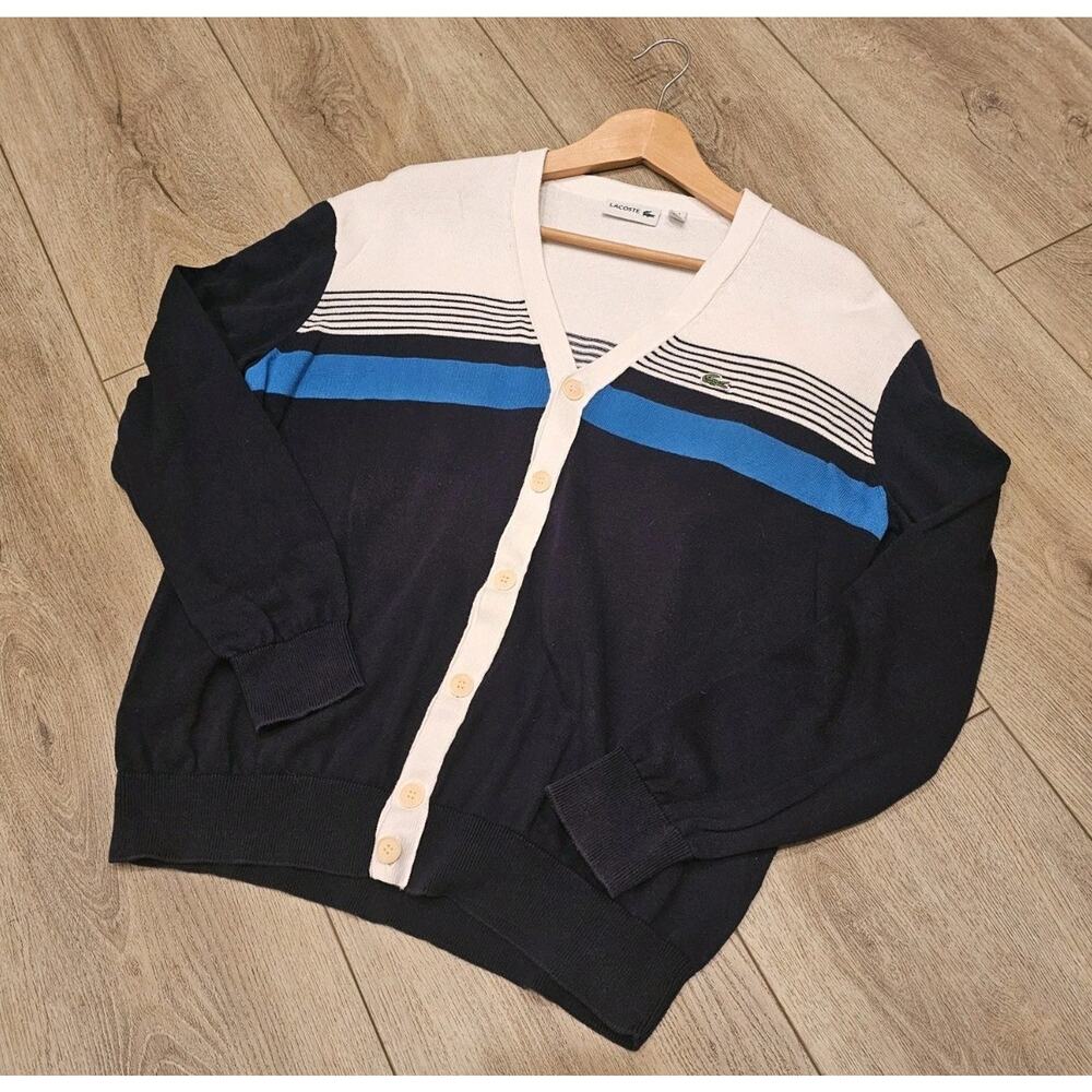 LACOSTE Mens Cardigan Sweater Navy/White XL 100% Cotton